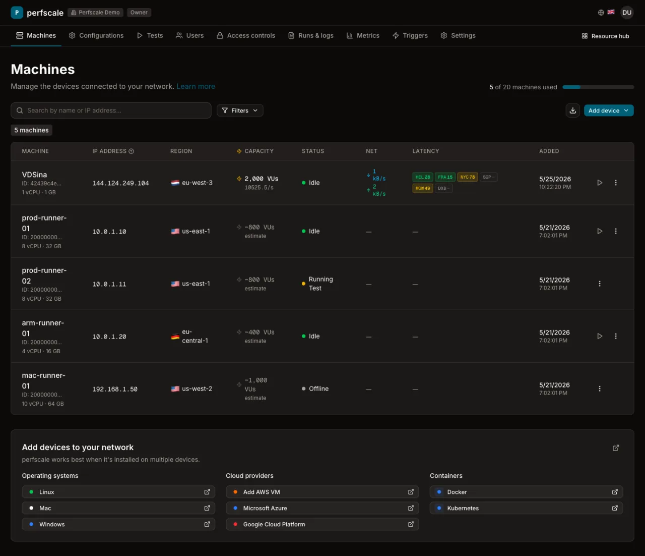 The Machines page listing connected load generators