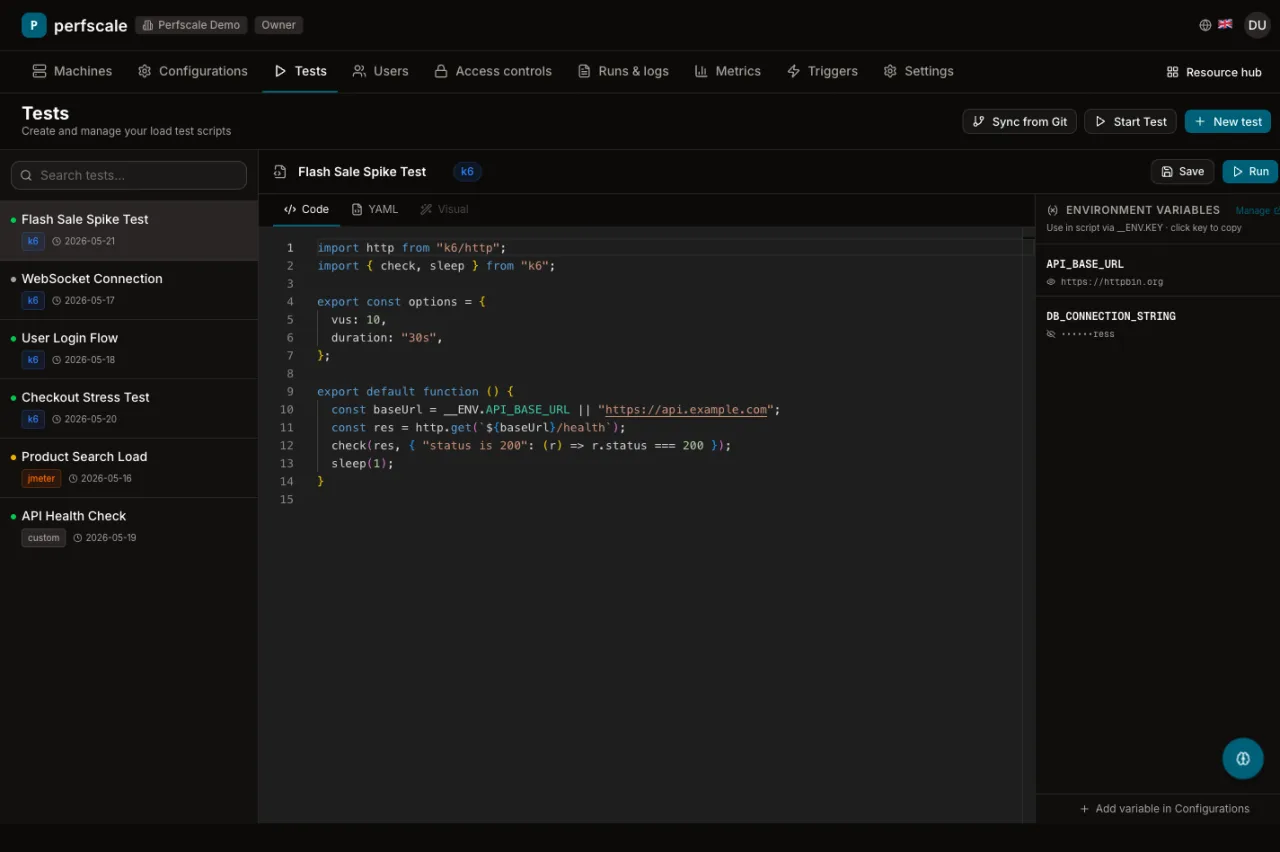 Creating a native gRPC test in the perfscale console — test editor with env variables