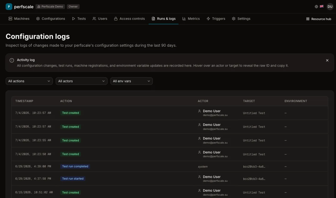 Run logs streaming while a gRPC load test executes on platform machines